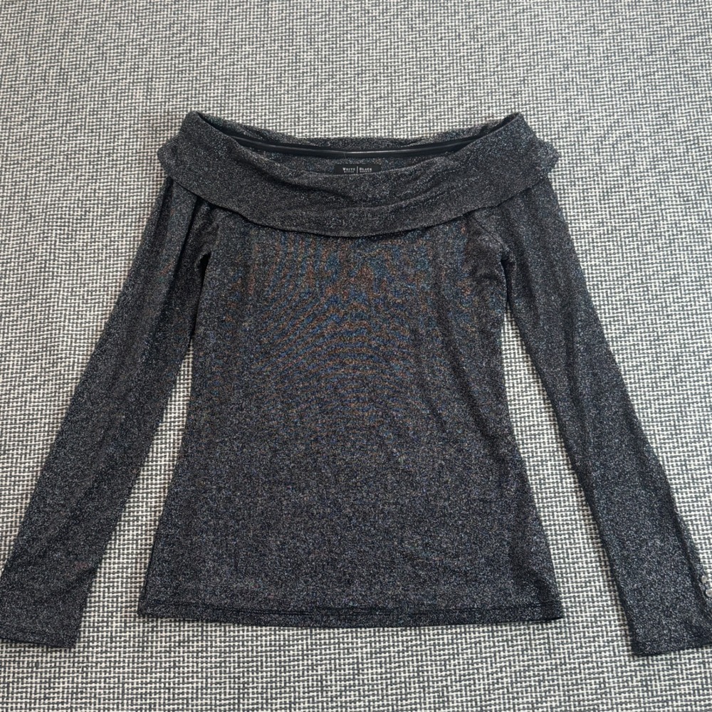 White House Black Market Metallic Off Shoulder Top Silver Black Small Button